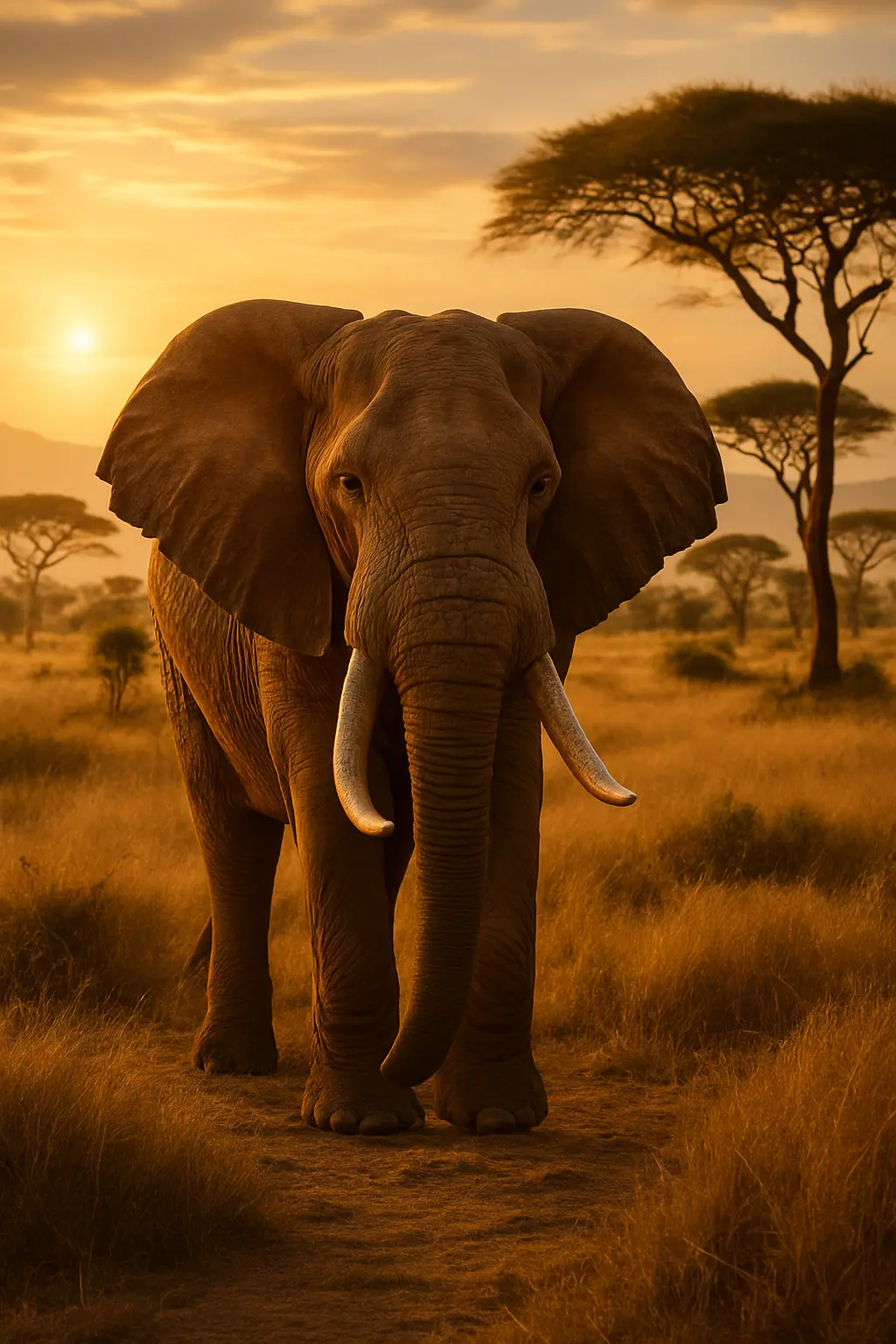 Éléphant majestueux dans la savane africaine au coucher du soleil