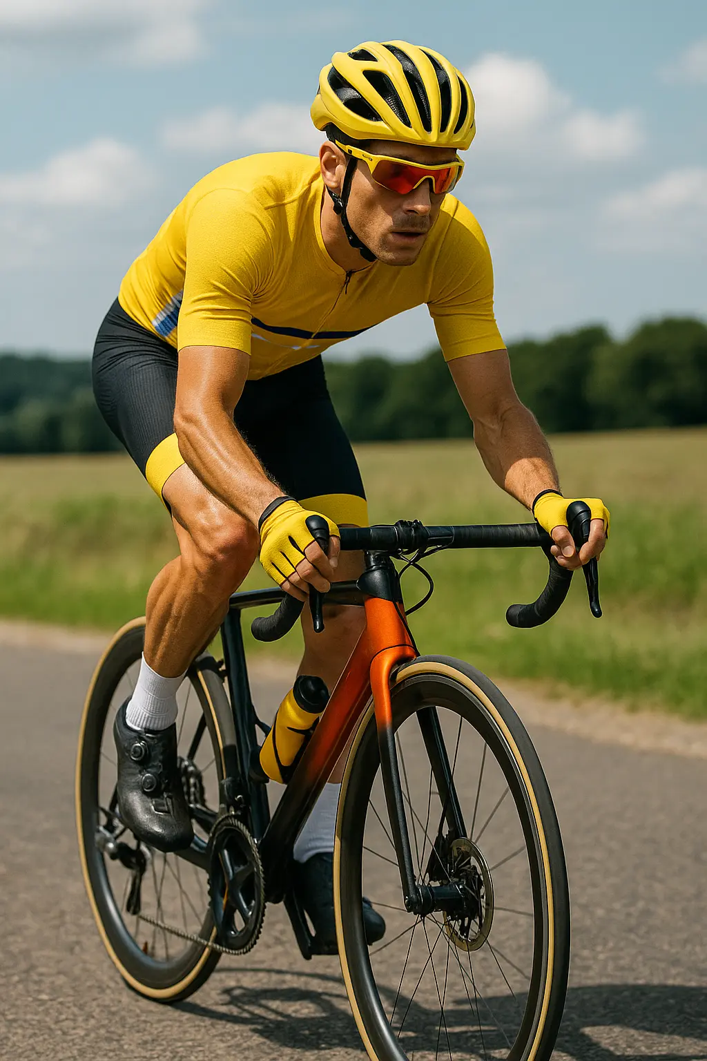 Cycliste professionnel roulant sur route avec casque jaune